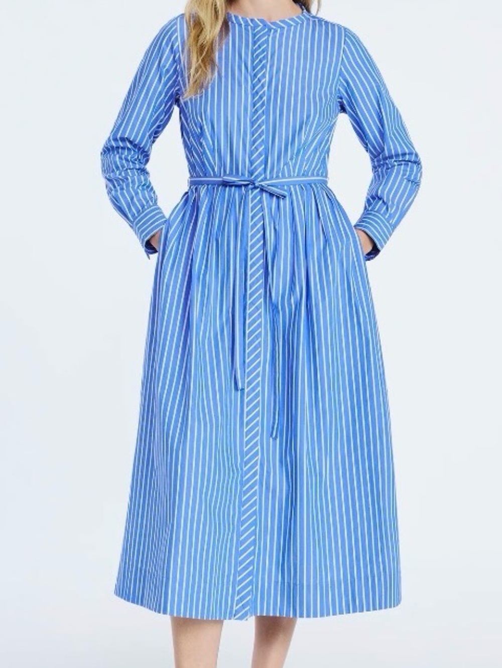 Blue Striped Long-Sleeve Midi Shirt Dress with Self Tie preppy academia